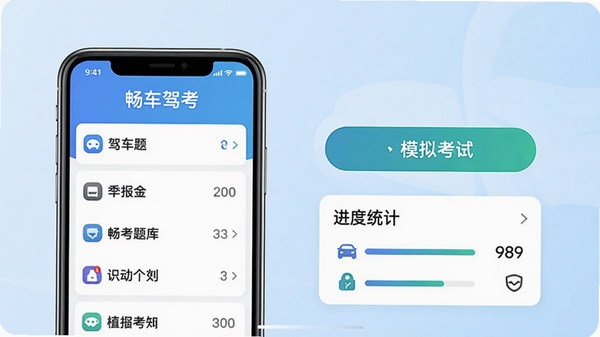 畅车驾考主界面预览图，展示手机屏幕上的驾考题库列表、模拟考试按钮和进度统计卡片，背景为简约浅蓝色渐变，整体风格干净明亮，突出软件名称与核心功能