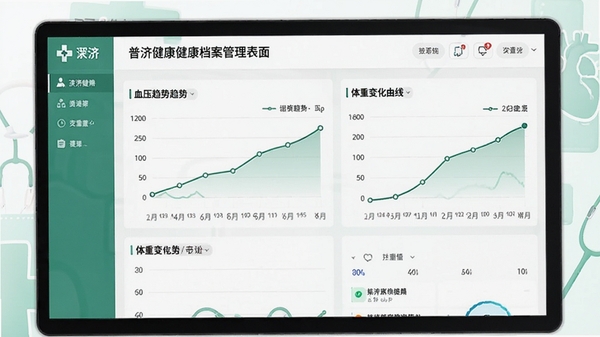 普济健康健康档案管理界面，展示血压趋势折线图、体重变化曲线等可视化图表，界面风格清晰专业，背景为白色搭配淡绿色医疗元素