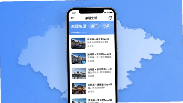 惠疆生活app资讯页面预览图，屏幕上显示新闻列表与分类标签，背景融入新疆地图轮廓，现代简约风格，信息清晰可读，适配Boogu模型生成