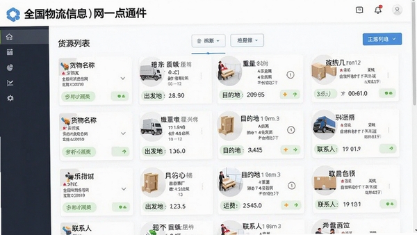 全国物流信息网一点通软件货源列表页面，展示多条货源信息卡片，包含货物名称、重量、出发地、目的地、运费、联系人等字段，界面清晰，信息排列整齐