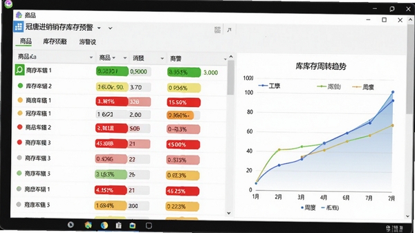 冠唐进销存库存预警界面截图，展示商品列表带有颜色标记的库存状态，红色标注低于安全库存的商品，图表显示库存周转趋势，背景为电脑屏幕显示软件界面