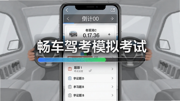 畅车驾考模拟考试界面截图，显示答题卡、倒计时和题目选项，背景为浅灰色模拟考场风格，手机屏幕中央突出软件名称和考试进度条