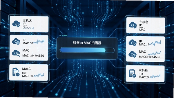 科来MAC扫描器功能展示图，画面中央显示扫描进度条，两侧分布设备信息卡片，包含主机名、IP与MAC数据，背景为网络数据流线条，蓝色科技色调，细节丰富