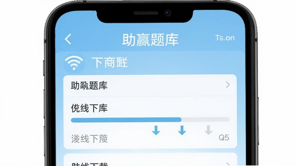 助赢题库离线下载界面，手机屏幕上显示下载管理列表，背景为浅蓝色，有无线网络图标与下载进度条，画面带有“助赢题库”标识，风格直观明了
