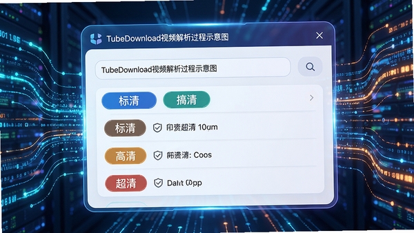 TubeDownload视频解析过程示意图，界面显示粘贴链接后正在解析多种清晰度选项，列表包含标清、高清、超清等标签，背景为数据流动的科技感视觉，色彩明亮，细节丰富