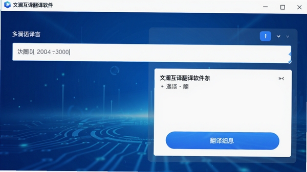 文澜互译翻译软件主界面截图,展示多语言翻译功能,背景为蓝色渐变科技感,界面有输入框和翻译结果按钮,整体风格简洁现代