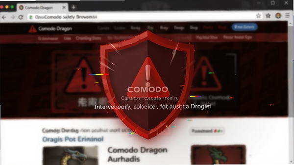 Comodo Dragon(Comodo龙安全浏览器)拦截恶意网站时的警告页面特写,红色盾牌图标醒目,背景为模糊化的危险网页内容,画面具有警示氛围,数字艺术风格