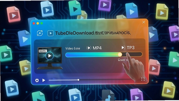TubeDownload格式转换功能展示，界面显示视频文件正在转换为MP4和MP3格式的进度条，背景为多媒体文件图标散落效果，色调明快，科技感十足
