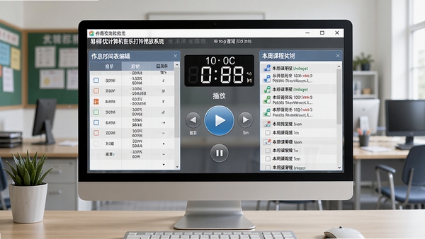 易得优计算机音乐打铃播放系统主界面预览图，展示软件在电脑桌面运行的完整界面，包含作息时间表编辑区域、音乐播放控制按钮、当前时间显示以及本周课程安排列表，背景为整洁的学校办公室环境，画面清晰明亮，突出软件的定时打铃与音乐播放核心功能