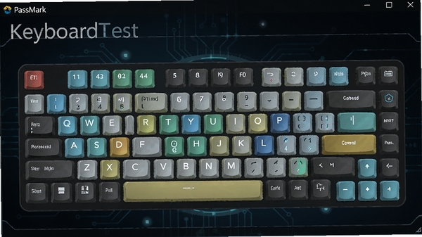 PassMark KeyboardTest软件主界面特写,画面展示一个全尺寸键盘布局的图形化测试窗口,按键以彩色高亮显示,背景为深色科技感风格,整体画面清晰明亮,突出软件的专业检测功能,数字渲染,高清画质
