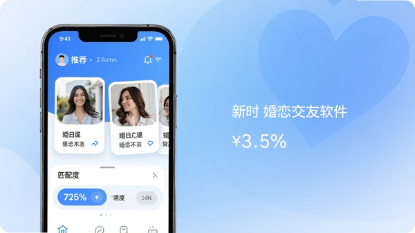 新时代婚恋交友软件的主界面预览图，展示清爽的蓝白配色设计，手机屏幕中显示推荐用户卡片和匹配度百分比，背景为柔和渐变，整体风格现代简约，突出婚恋社交主题