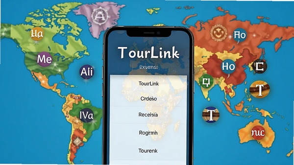 TourLink多语言切换界面展示,手机屏幕显示语言选择列表,背景为世界地图,不同语言字符悬浮,体现国际化特点,突出软件名称TourLink,画面色彩丰富,象征文化交融