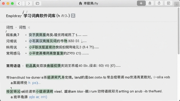 英汉汉英双向学习词典软件词库展示界面截图，屏幕中显示一个英文单词的详细释义页面，包含音标、词性、多个中文释义、常用短语以及两个带中文翻译的英文例句，界面布局清晰，重点词汇高亮显示，整体风格简洁专业