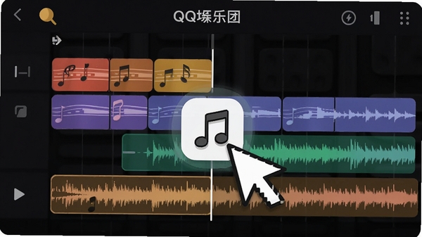 QQ乐团拖拽操作演示图，画面中鼠标正将一个音符图标拖拽到编辑轨道上，周围有彩色音轨和波形图，界面简洁，重点突出操作的便捷性