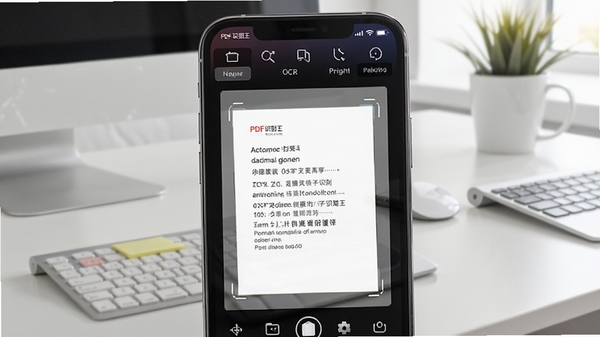 PDF识别王软件主界面截图，展示文档扫描和OCR文字识别功能，手机屏幕上有清晰的扫描文档和识别文字预览，背景为简洁的办公桌面，光线明亮，风格写实高清