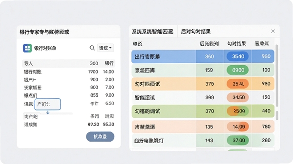 出纳专家软件的自动对账功能界面预览图，左侧为银行对账单导入区域，右侧为系统智能匹配后的勾对结果列表，不同状态以颜色区分，背景为柔和的浅灰色，突出数据对比的清晰度