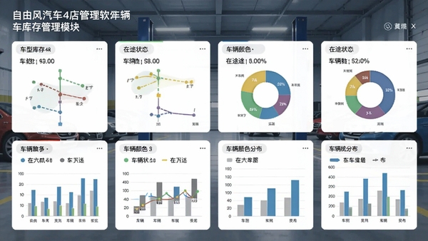自由风汽车4S店管理软件车辆库存管理模块截图，以卡片形式展示不同车型库存数量、在途状态、车辆颜色分布，配有数据统计图表，背景为车库场景抽象图
