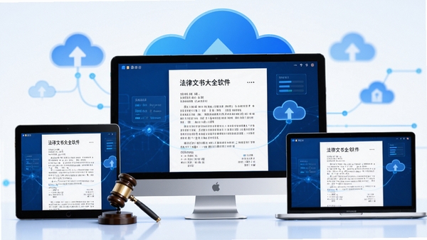 法律文书大全软件云同步功能示意图，画面中显示多个设备屏幕同步显示同一份文书文档，背景为抽象的云朵图标，整体色调为蓝色科技感，强调数据同步的便捷性