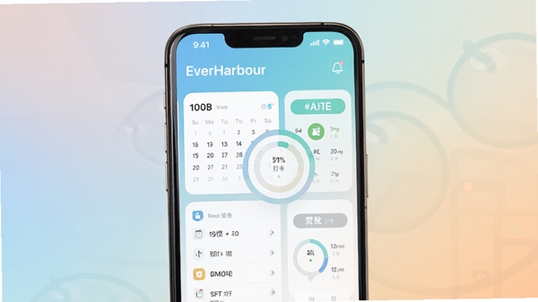 EverHarbour 应用主界面展示，一款现代风格的手机应用，屏幕中显示有清新的日程管理卡片和习惯打卡圆环，背景为柔和的渐变色，整体画面干净明亮，突出生活服务与效率提升的主题，采用高品质UI设计预览图风格