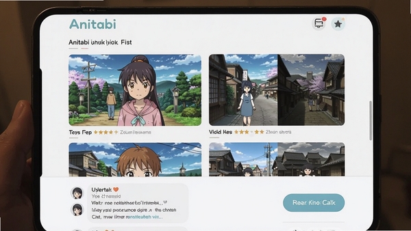 Anitabi作品详情页展示，屏幕中显示某部动漫的取景地列表，包含多张动画截图与实景对比图，下方有用户评论区和收藏按钮，界面布局清晰，信息丰富，色调柔和，突出Anitabi品牌风格