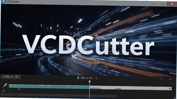 VCDCutter软件快速处理视频进度条画面，展示极速切割过程，背景有流畅的速度线条特效，软件名称VCDCutter清晰可见