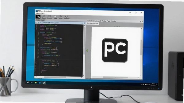 PC logo软件界面全貌预览图,画面主体为Windows电脑屏幕中打开的PC logo程序窗口,屏幕里可见代码输入区与绘图区,背景为干净的书桌环境,光线明亮,整体风格写实清晰