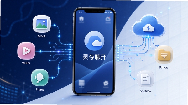 灵存聊天易备份软件功能展示图,画面中央为手机界面,周围环绕着代表图片、视频、语音、文件的小图标,并以数据线条连接至云服务器,背景为深蓝与白色搭配,体现全格式备份与云端同步的核心优势