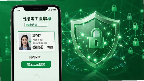 日结零工直聘实名认证环节展示，手机界面显示身份证上传与人脸识别步骤，背景为盾牌图标与安全网络元素，整体色调绿色，传达安全可靠感，画面清晰写实