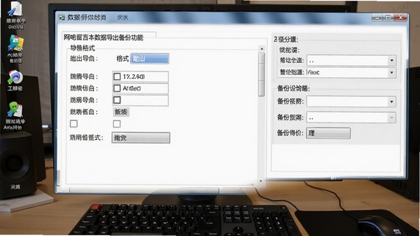 网吧留言本数据导出备份功能截图，显示导出文件格式选项和备份设置面板，背景为电脑桌面