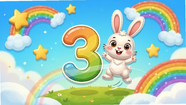 幼儿学数字软件的趣味动画场景,数字3变成一只小兔子在屏幕上跳跃,周围有星星和彩虹装饰,画面色彩丰富,卡通风格,明亮温馨,适合儿童教育软件的视觉风格