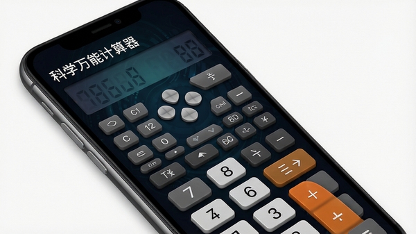 科学万能计算器主界面预览图，手机竖屏显示，计算器按键布局清晰，包含数字键、函数键与科学符号区，背景为深色科技感渐变，左上角显示软件名称科学万能计算器，整体画面简洁明亮，渲染出专业计算工具的氛围