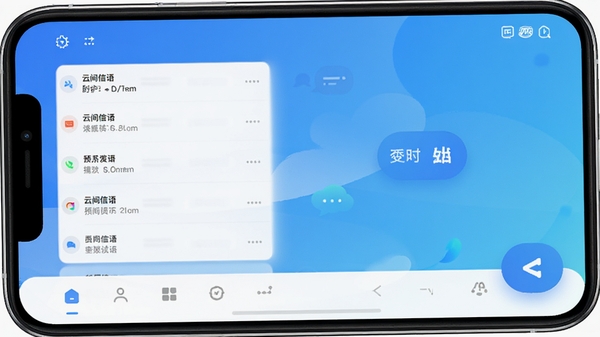 云间信语主界面预览图，展示简洁的聊天列表、底部导航栏和悬浮的发送按钮，背景为渐变蓝色调，整体风格干净现代，适配手机竖屏显示，突出即时通讯核心功能。