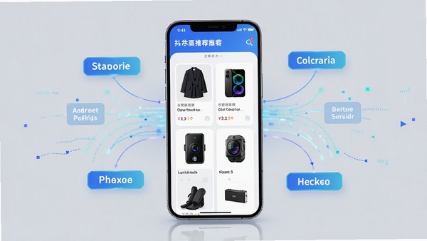 抖购物商城智能推荐功能展示，手机屏幕显示个性化商品推荐列表，包含服饰、数码等商品图片，背景为淡灰色，突出推荐算法精准性，画面中央为手机界面，周围有数据流动线条和推荐标签，整体色调明亮，风格科技感十足