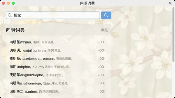 向明词典主界面截图，展示简洁的搜索栏和清晰的词条释义排版，背景为淡雅的米白色，整体风格专业且舒适，适合作为软件官方预览图