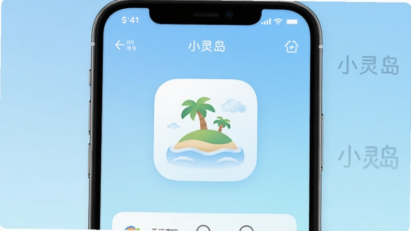 小灵岛APP主界面预览图，画面中央为简约的岛屿图标，背景是柔和的渐变蓝色，整体风格清新明亮，突出软件的核心全貌与生活服务定位。