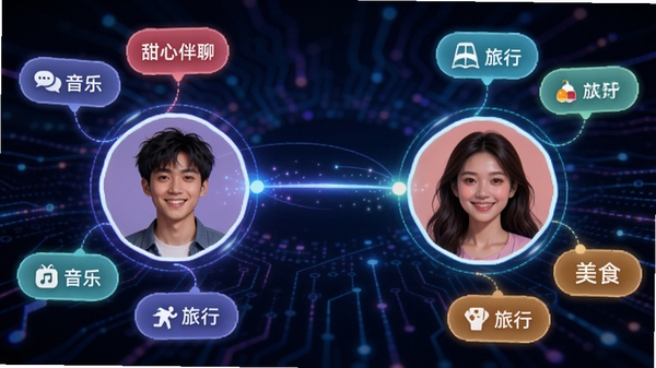 甜心伴聊智能匹配功能示意图，展示两个用户头像通过线条连接，周围有共同兴趣标签如音乐、旅行、美食，背景为科技感光效，色彩明亮，突出智能推荐的概念