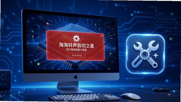 淘淘铃声剪切之星运行错误修复示意图，展示一个电脑屏幕上弹出错误提示框，旁边有修复工具的图标，背景为蓝色科技感风格，强调问题解决的主题