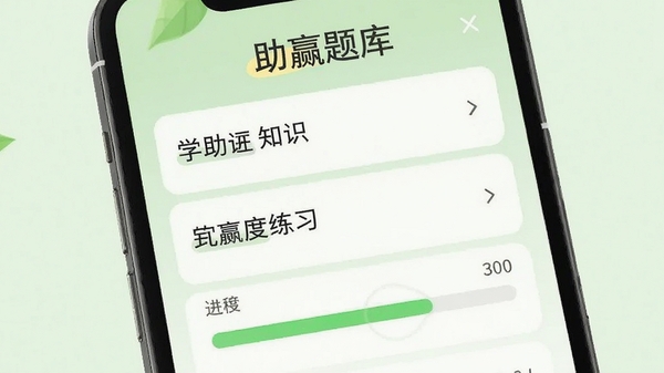 助赢题库知识点练习界面，手机屏幕上显示知识点列表与进度条，背景为浅绿色，突出学习进度与完成度，画面包含“助赢题库”字样，风格清新自然