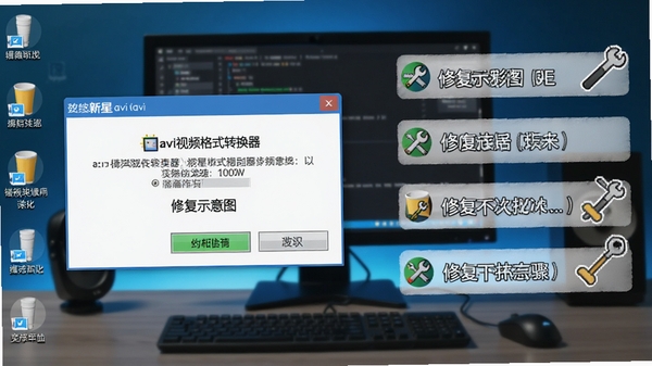 新星avi视频格式转换器错误提示修复示意图，显示一个弹窗报错，旁边有修复步骤文字说明，背景为电脑桌面