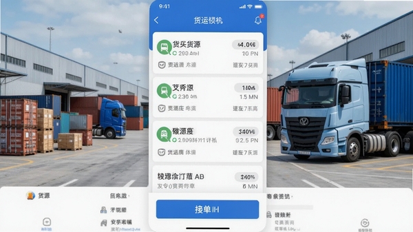 货运司机端App主界面截图，展示货源列表和接单按钮，背景为物流园区场景，卡车与货物清晰可见，整体色调蓝白搭配，画面真实自然，适合软件介绍预览图
