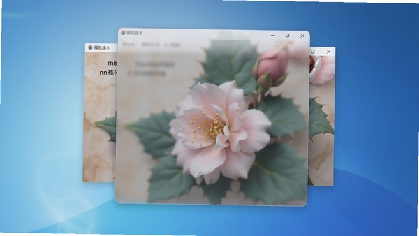 移花接木软件窗口透明化效果示意图，前后两个窗口叠加，上层窗口呈现半透明状态，露出底层窗口内容，背景为渐变蓝色桌面，画面细腻，光线柔和，突出软件核心功能