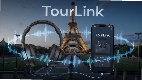TourLink智能语音讲解功能示意图,耳机与手机连接,背景为著名地标建筑,语音波形图环绕,体现自动化讲解体验,画面科技感十足,突出软件名称TourLink