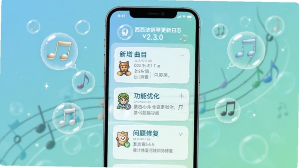 西西魔法钢琴更新日志展示图，画面以手机截图形式展示v2.3.0版本的更新内容列表，背景采用柔和的蓝绿色渐变，配以飘动的音符气泡，界面清晰展示新增曲目、功能优化和问题修复三大板块，整体风格简洁明快