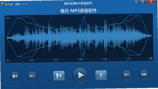 楼月免费MP3录音软件主界面截图，展示简洁的录音控制面板，蓝色调背景，波形图动态显示，象征着高保真音频捕获。