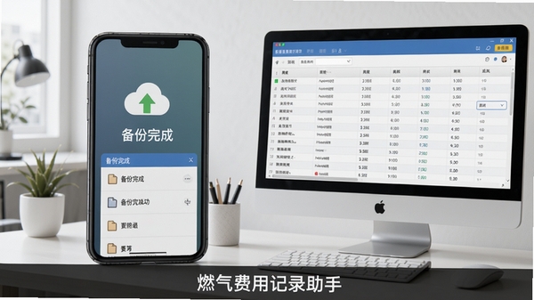 燃气费用记录助手数据备份功能界面，画面展示备份文件导出成功的提示，手机屏幕上有“备份完成”字样，旁边有云存储图标和文件列表，背景为简约办公桌，电脑屏幕显示数据表格，软件名称“燃气费用记录助手”出现在屏幕下方，整体风格专业、可信，适合Boogu模型生成。