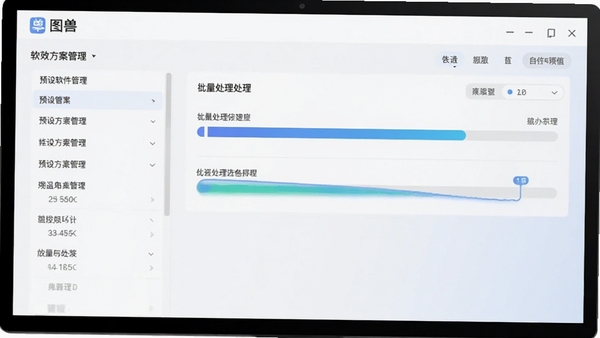 图叫兽软件操作界面截图，展示预设方案管理面板与批量处理进度条，背景为浅色渐变，突出高效率与自动化办公场景