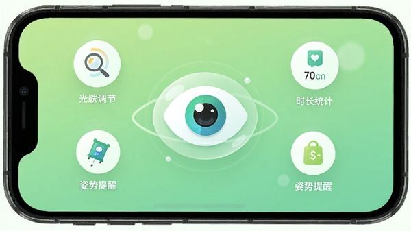 亮眼守护软件主界面预览图，手机屏幕显示护眼数据面板，背景为柔和的绿色渐变，中央悬浮卡通眼睛图标，周围环绕光线调节、时长统计、姿势提醒等小图标，整体风格清新简洁，适合应用商店截图展示