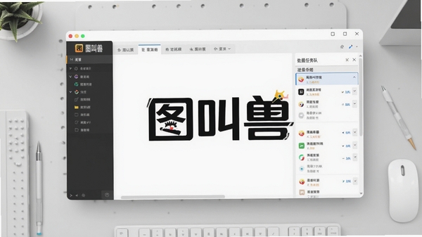 图叫兽主界面预览图，展示软件logo、多标签页布局与批量任务队列，画面背景为浅灰色工作台，整体风格简洁明亮，突出软件的品牌标识“图叫兽”三个字