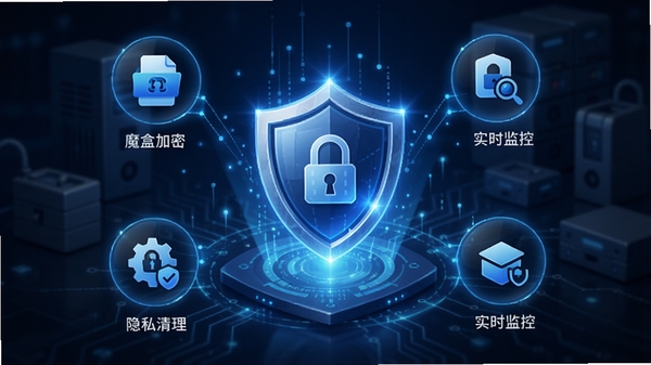 魔盒软件安全防护功能示意图，界面以盾牌图标为中心，周围环绕文件加密、隐私清理、实时监控等子功能图标，整体采用科技感蓝色调，光线效果明亮，突出安全可靠的氛围