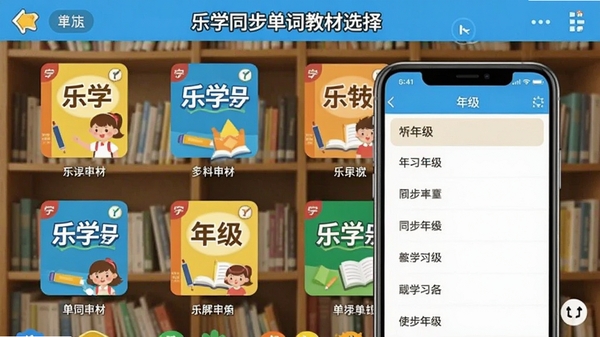 乐学同步单词教材选择界面截图，展示多个教材版本图标排列，背景为书架，前景是手机屏幕显示年级列表，色彩丰富，突出教材多样性和学习针对性